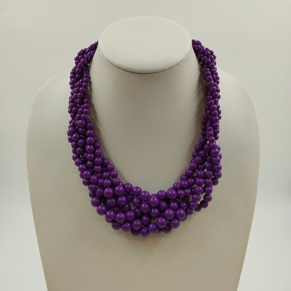 Gold Tone Purple Round Beads Twisted Braided Multi Strands 10" Necklace Jewelry